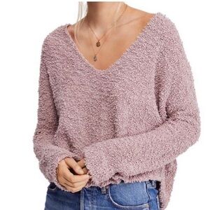 Free People Ivory/Cream Bouclé V Neck Crop Top High Low Hem Boxy Fit Size S